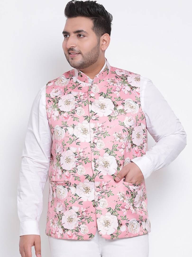 Men's Pink 
Cotton Blend
 Printed Nehru Jackets